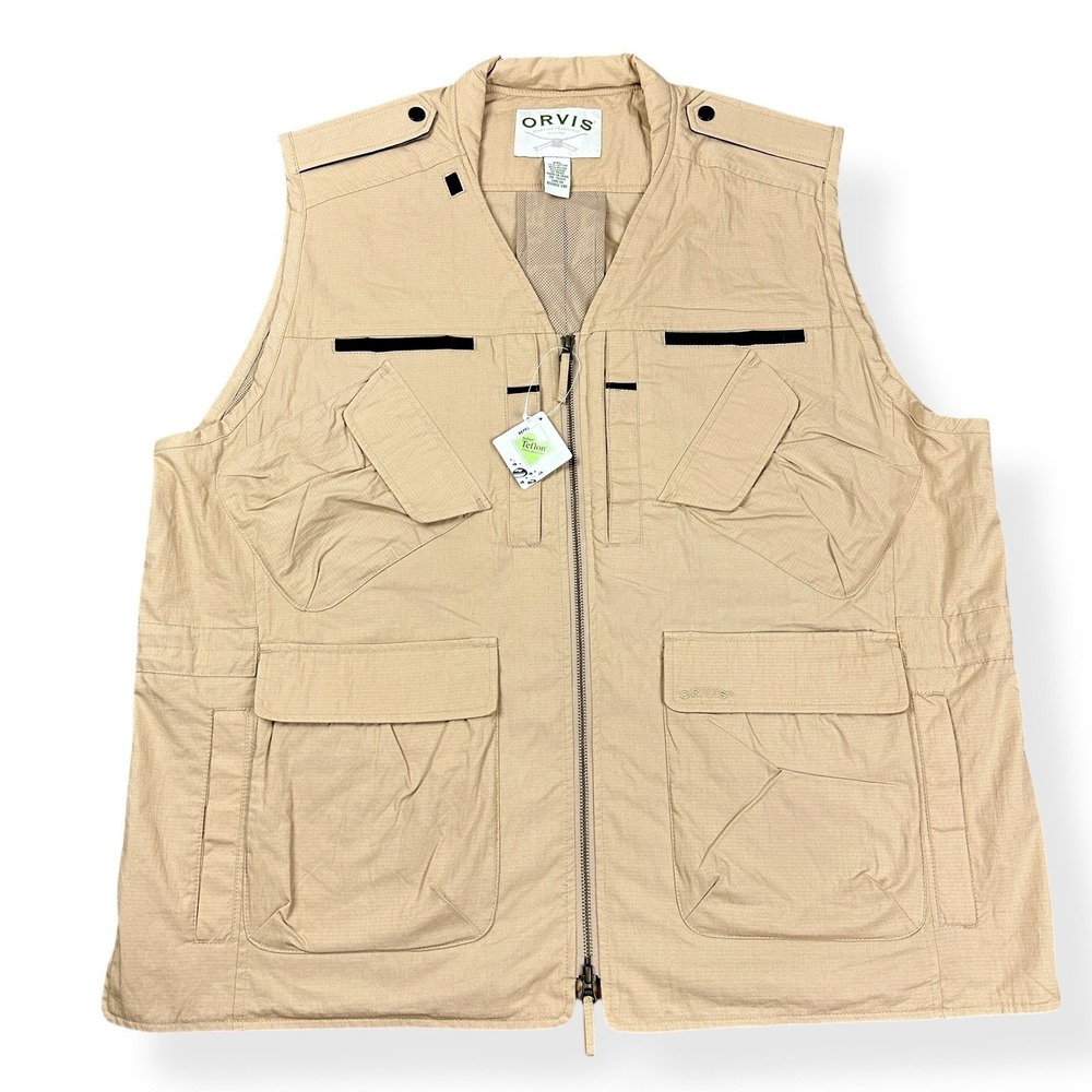 NEW Orvis Fishing Hunting Vest Men XXL 2XL Tan Khaki Brown Tactical Water Repel
